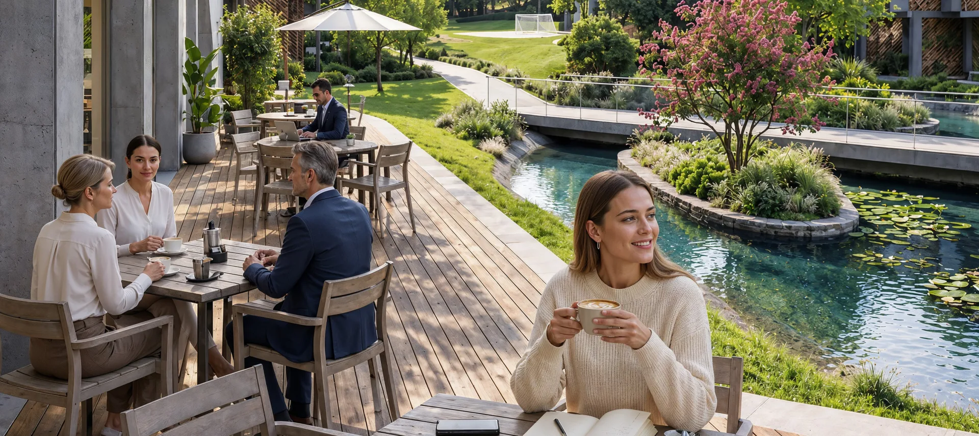 Lounge alanının kanal kenarındaki terasında kahve molası