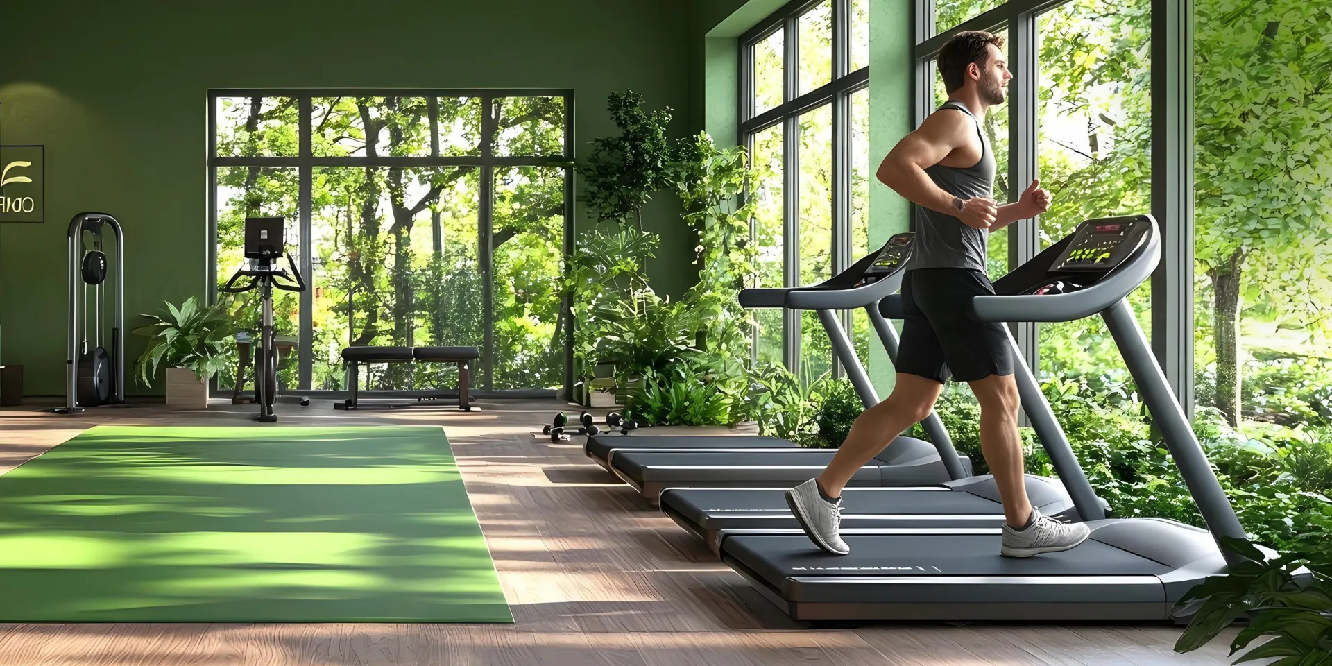 Bitkilerle çevrili fitness salonunda koşu bandında koşan kişi