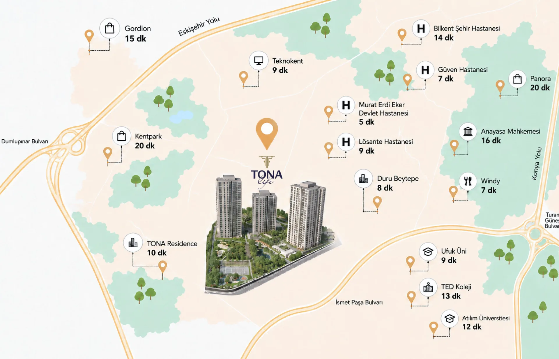 TONA Life ve çevresindeki önemli noktaları süreleriyle gösteren harita
