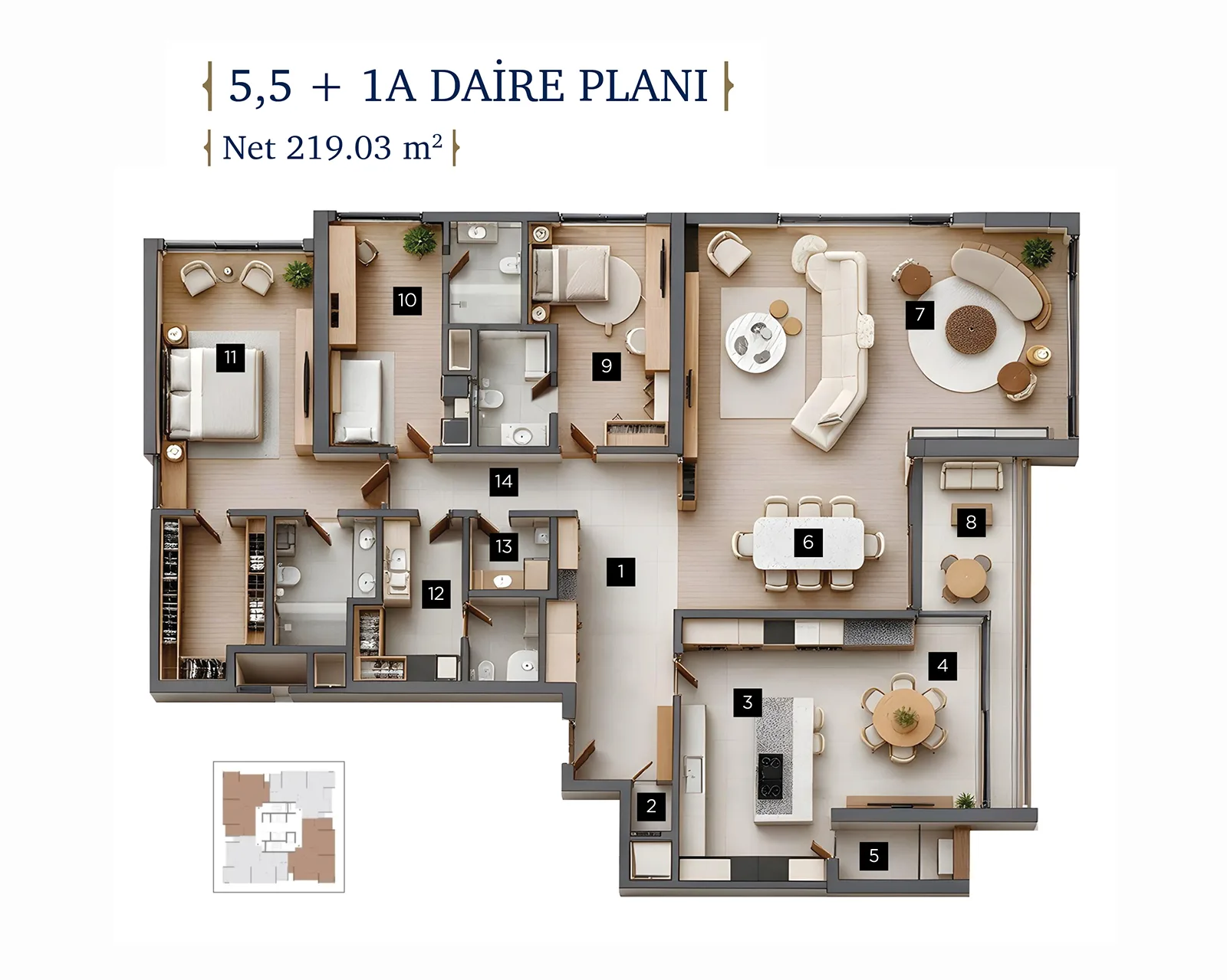 TONA Life 5,5+1 A tipi daire planı ve mahal listesi