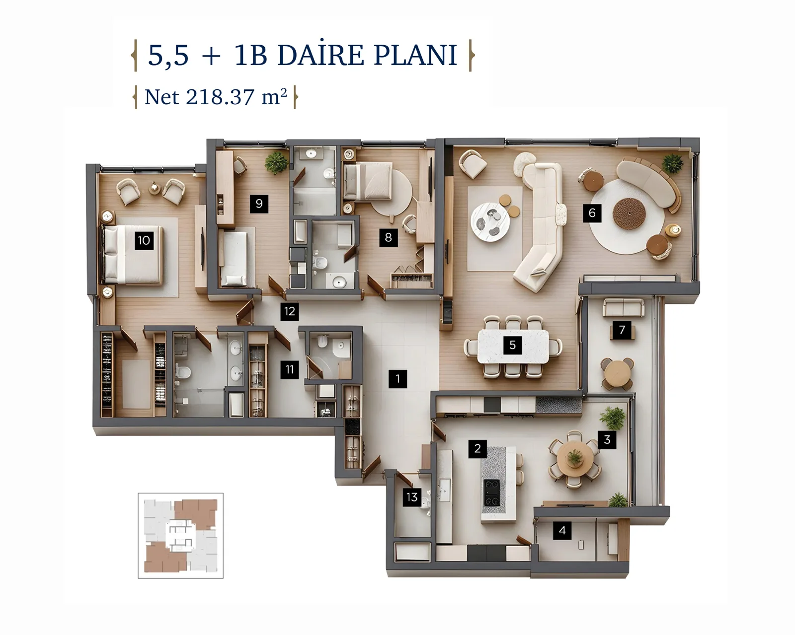 TONA Life 5,5+1 B tipi daire planı ve mahal listesi