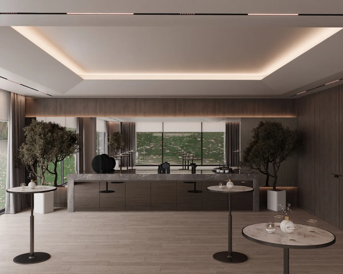 Çok amaçlı salon, sunum perdesi ve bistro masalar